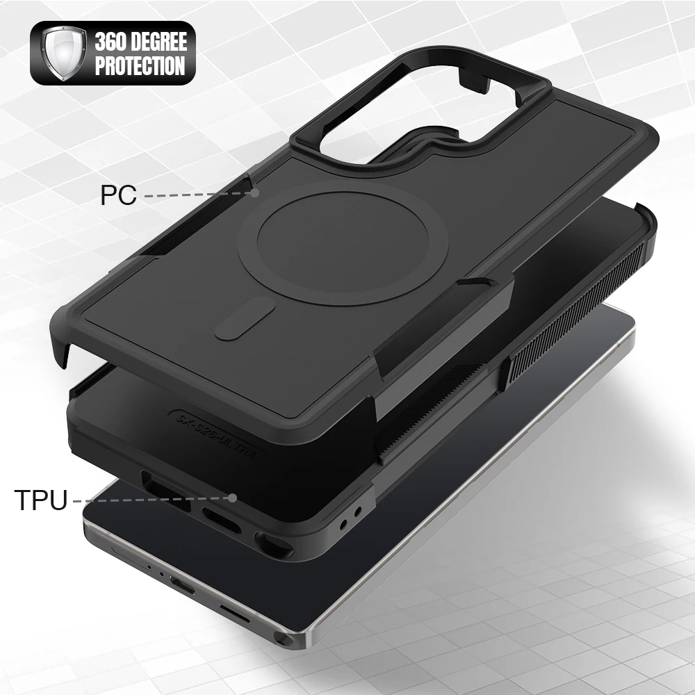 Enhanced Black Shockproof Armor Case with Magnetic Hybrid Design