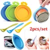 2pcs/set Reusable Pet Food Can Cover Silicone Dogs Cats Storage Tin Cap Lid Seal Cover with Spoon 1