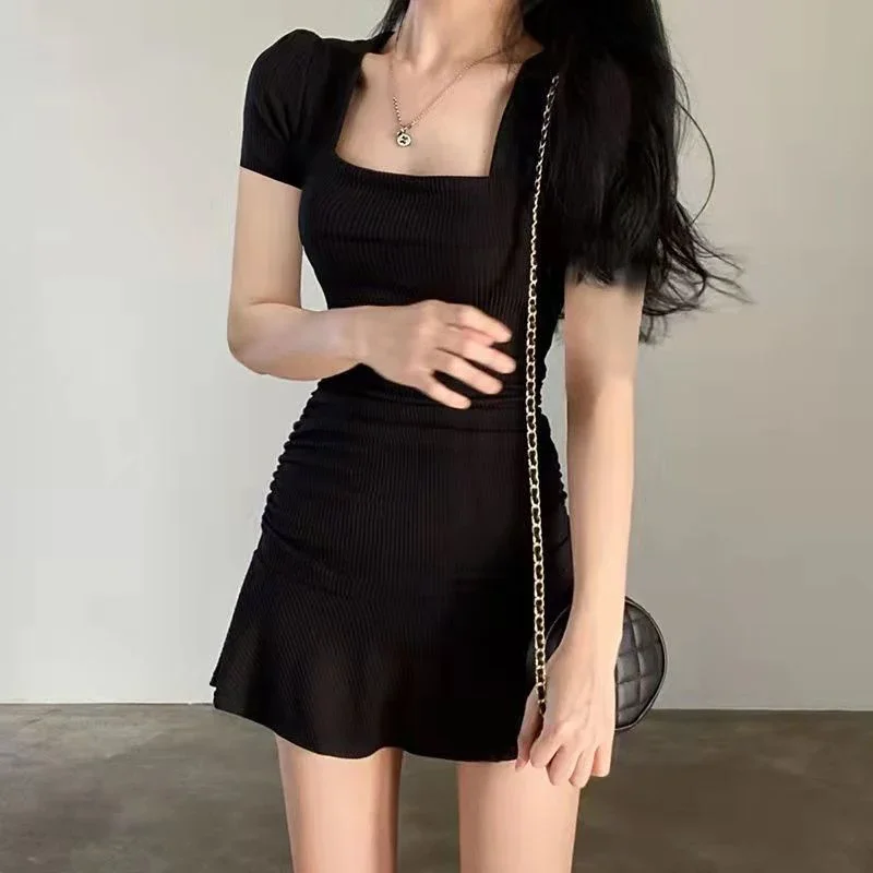 

MEXZT Ruched Black Dress Women Square Collar Short Sleeve Slim Mini Dress Summer Korean Fashion Folds Ruffles Bodycon Sundress