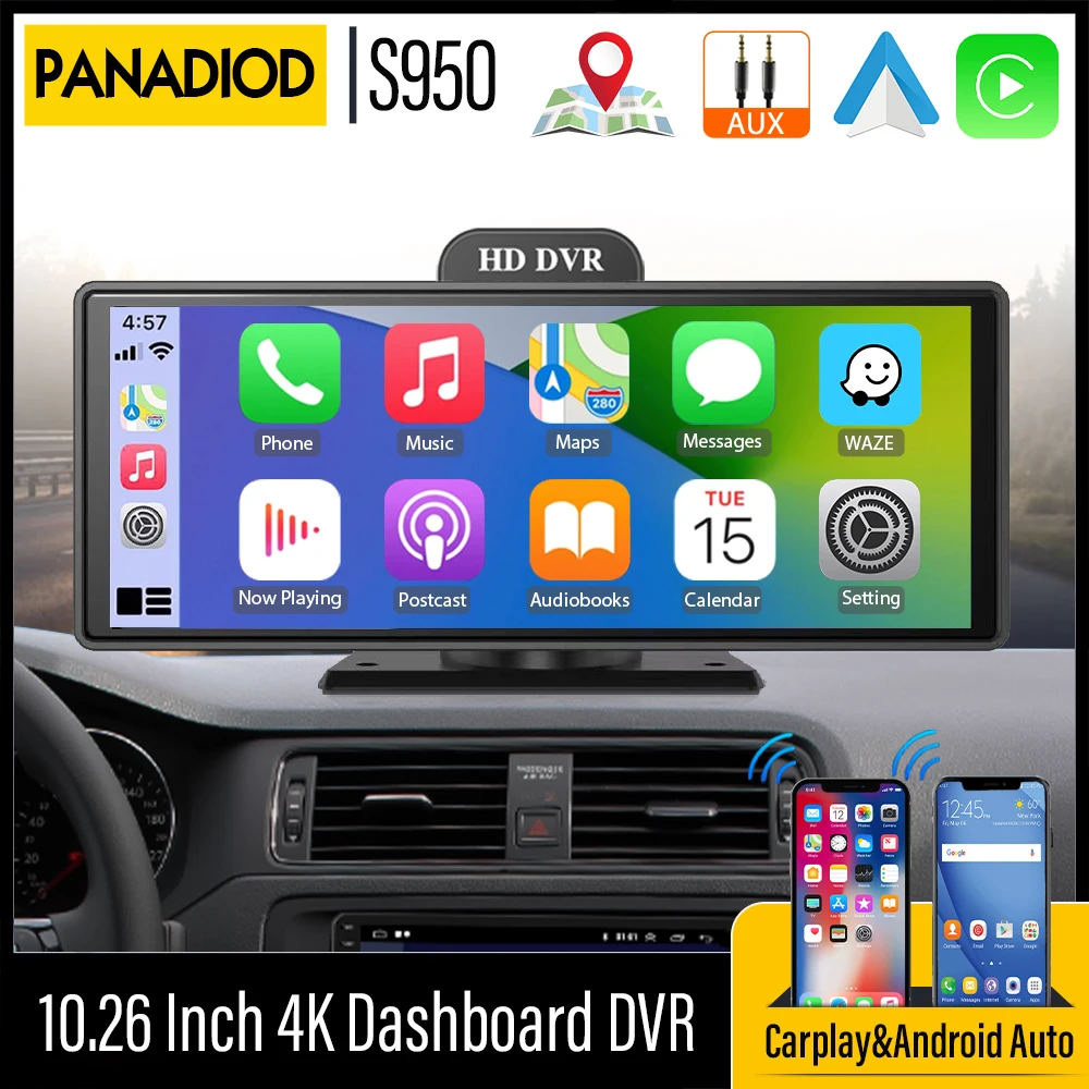 1026InchAUX4KCarDVRCarplayAndroidAutoDashCameraScreencast
