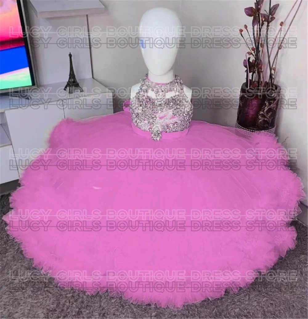 Lovely Fluffy Yellow Flower Girl Dress Sleeveless Tulle Beading for Wedding Party Little Baby Girls Prom Kids Birthday Gowns