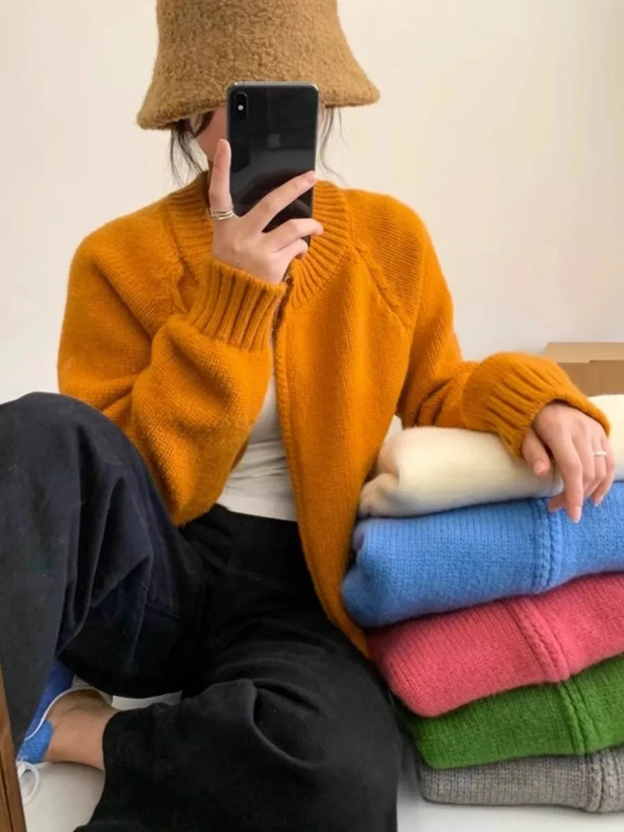 

Корейский вариант оранжевый свитер с двойной молнией и круглым вырезом с длинными рукавами для женщин осень-зима Универсальный толстый вязаный кардиган