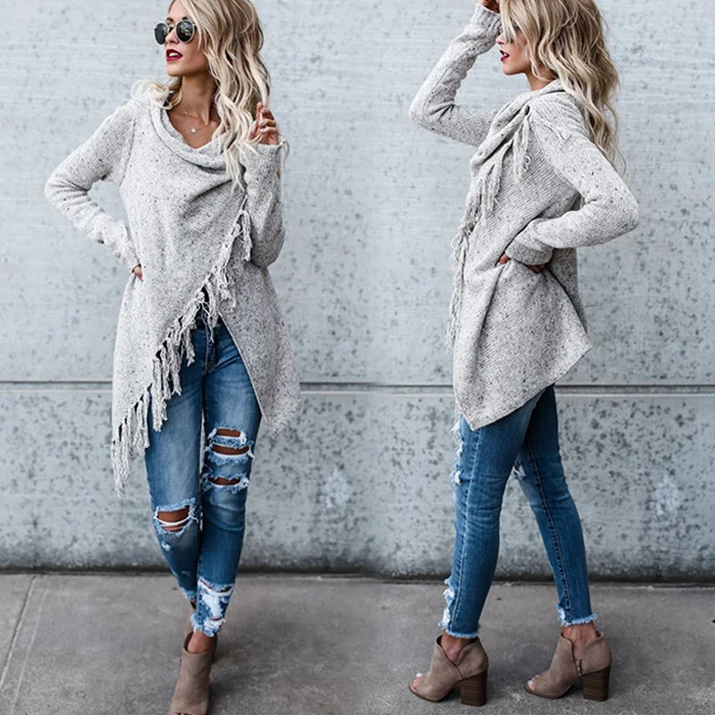 Trendy Tassel Trim Draped Collar Long Sleeve Knit Cardigan