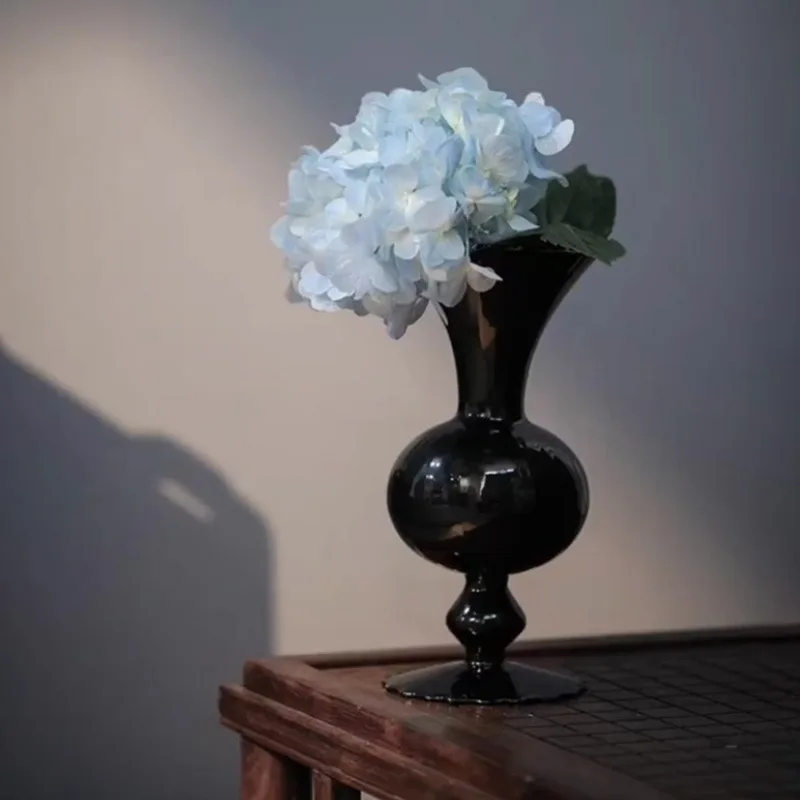 Black Tall-Stemmed Glass Vase – French Classical Hydroponic Flower Arrangement Vase, Artisan Craft Home Decor Piece 3