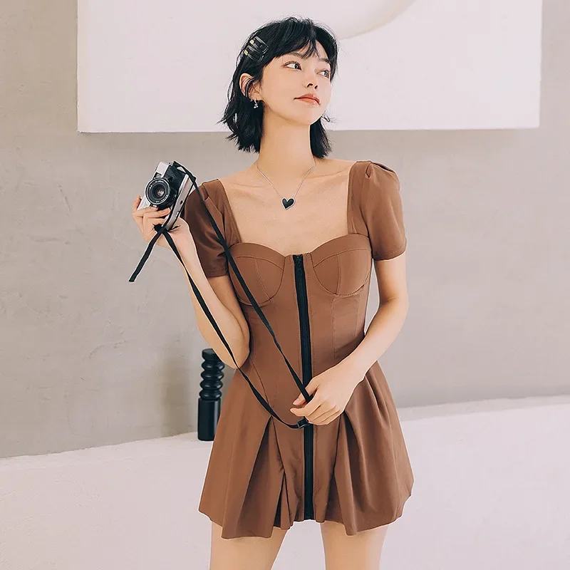 

U-neck Beach Skirt Style One-piece Swimsuit Women Small Chest Coverup Looks Thin 2023 New Fashion Solid Hot Spring Swimming Suit