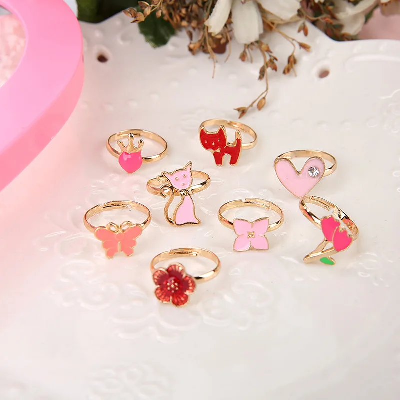 Finger Ring 10pcs/lot Cute Cartoon Kids Rings Candy Flower Animal Bow Shape Ring Girls Jewelry Enamel Flower Crown Finger Ring For Children
