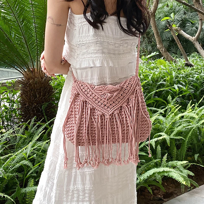 Handmade Cotton Woven Knitted Tassel Crossbody Bag Vintage Shoulder Messenger Bag Female Fashion Beach Summer Handbags for Women