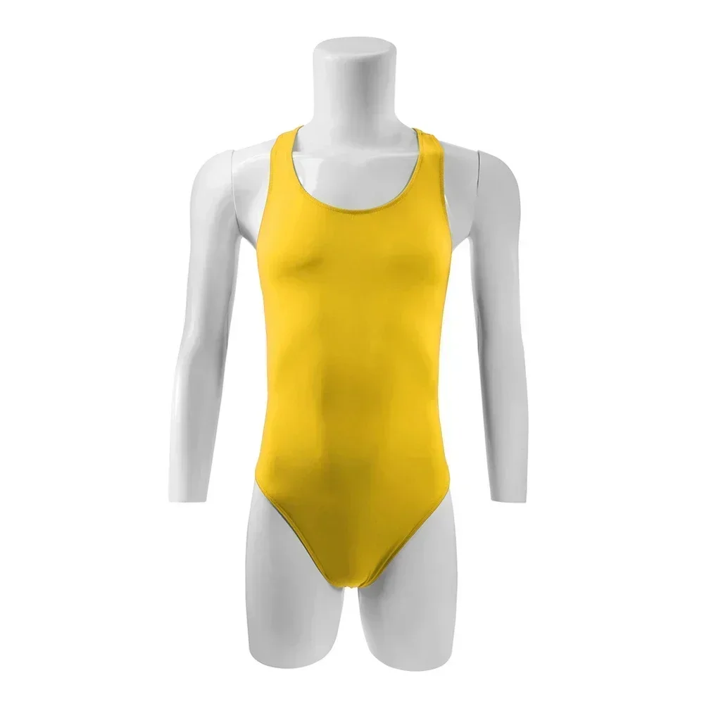 Mens Ice Silk Backless Singlet Bodysuit Solid Color Sleeveless Jumpsuit High Cut Convex Pouch Leotard