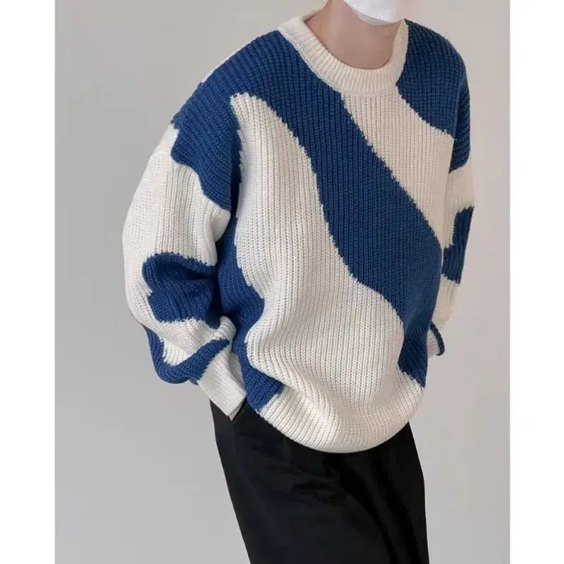 

Autumn and Winter O-Neck Knit Sweater for Men Cow Patchwork Pullover Men Loose Casual Harajuku 2023 New Mens Oversized Sweater