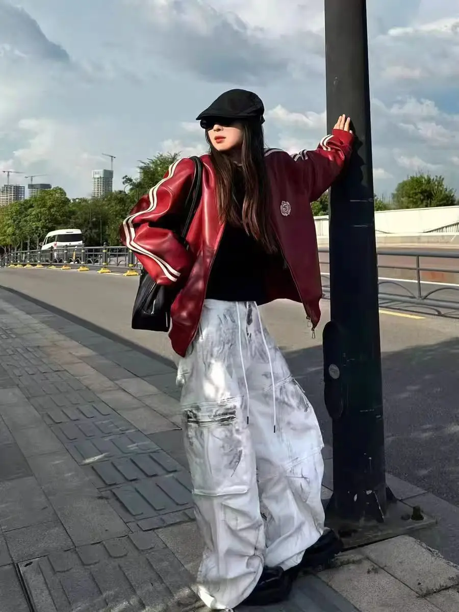 

Men and Women's Vintage Red Baseball Jacket with Stripes Retro Style PU Leather Coat Spring Autumn Street Style