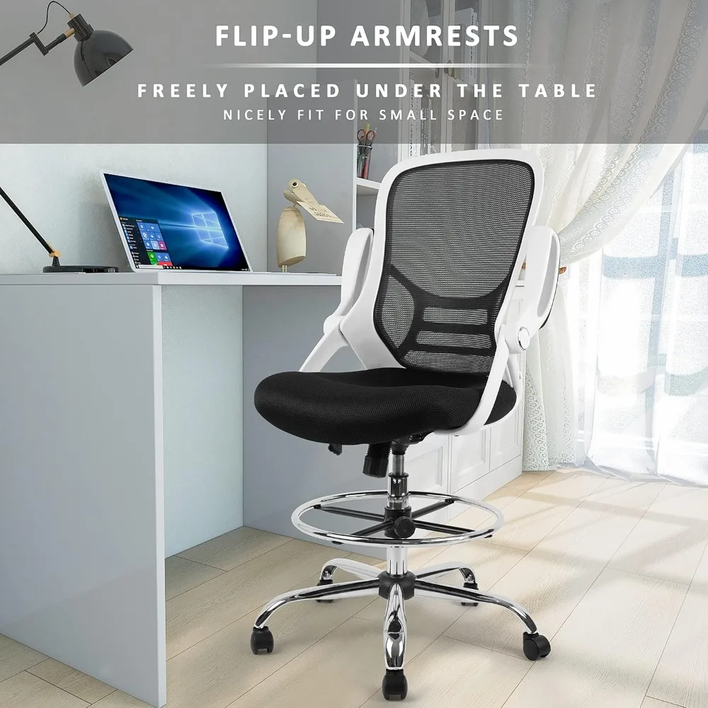 "ergonomic mesh swivel stool with adjustable footrest, flip-up armrests, white and black for standing desks"