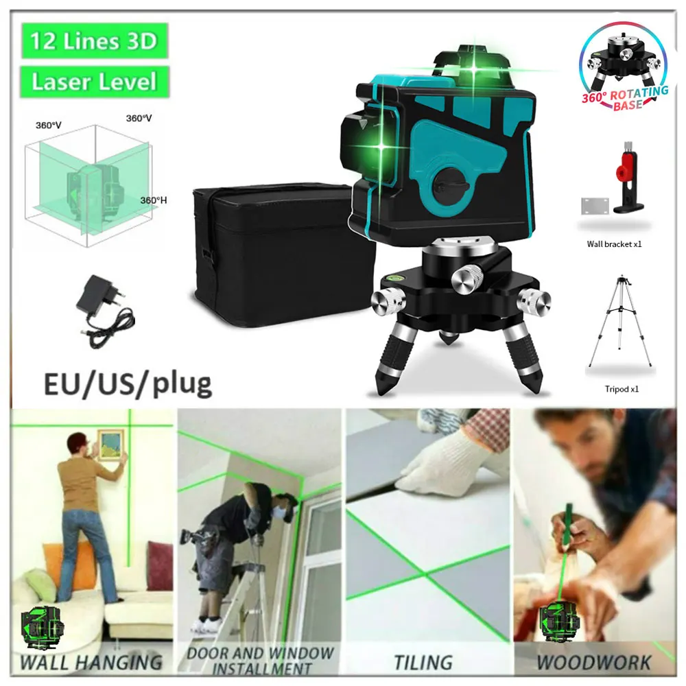 12 Lines Laser Level 360 Self-Leveling Horizontal And Vertical Cross Super Powerful levels 3D Green Beam Line |