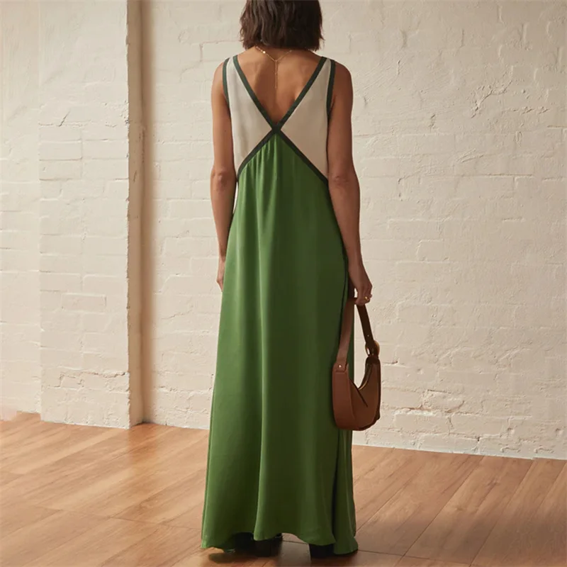 Vestido elegante de verano para mujer, con cuello en V, sin mangas, con patchwork de colores contrastantes, largo y sexy para fiesta de noche.