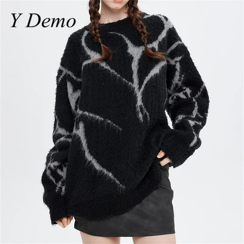 

Y Demo Harajuku Fashion Long Sleeve Sweater O-Neck Women Lightning Knitwear Pullover Streetwear