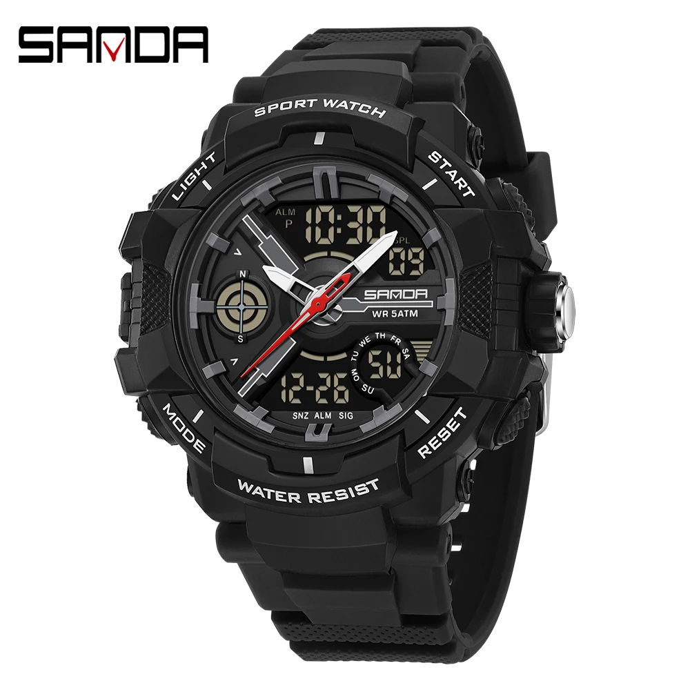 Orologio Sportivo Uomo Analogico-Digitale Militare - Impermeabile 50m, Cronometro, Doppio Fuso, LED, Allarme, Cinturino Rosso