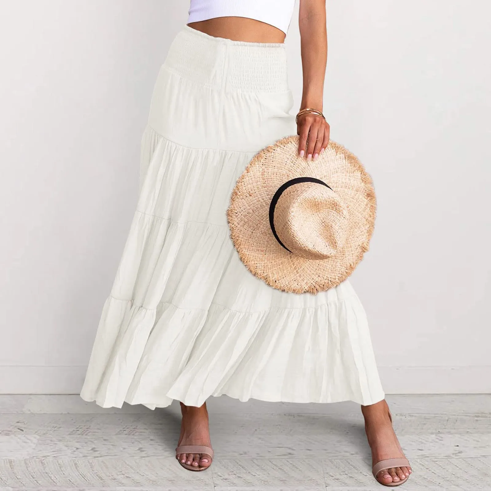 

Women's Summer Boho Skirt Elastic High Waist loose Oversize Large Hemline Casual Drawstring A-Line Long Skirts For Beach Wear