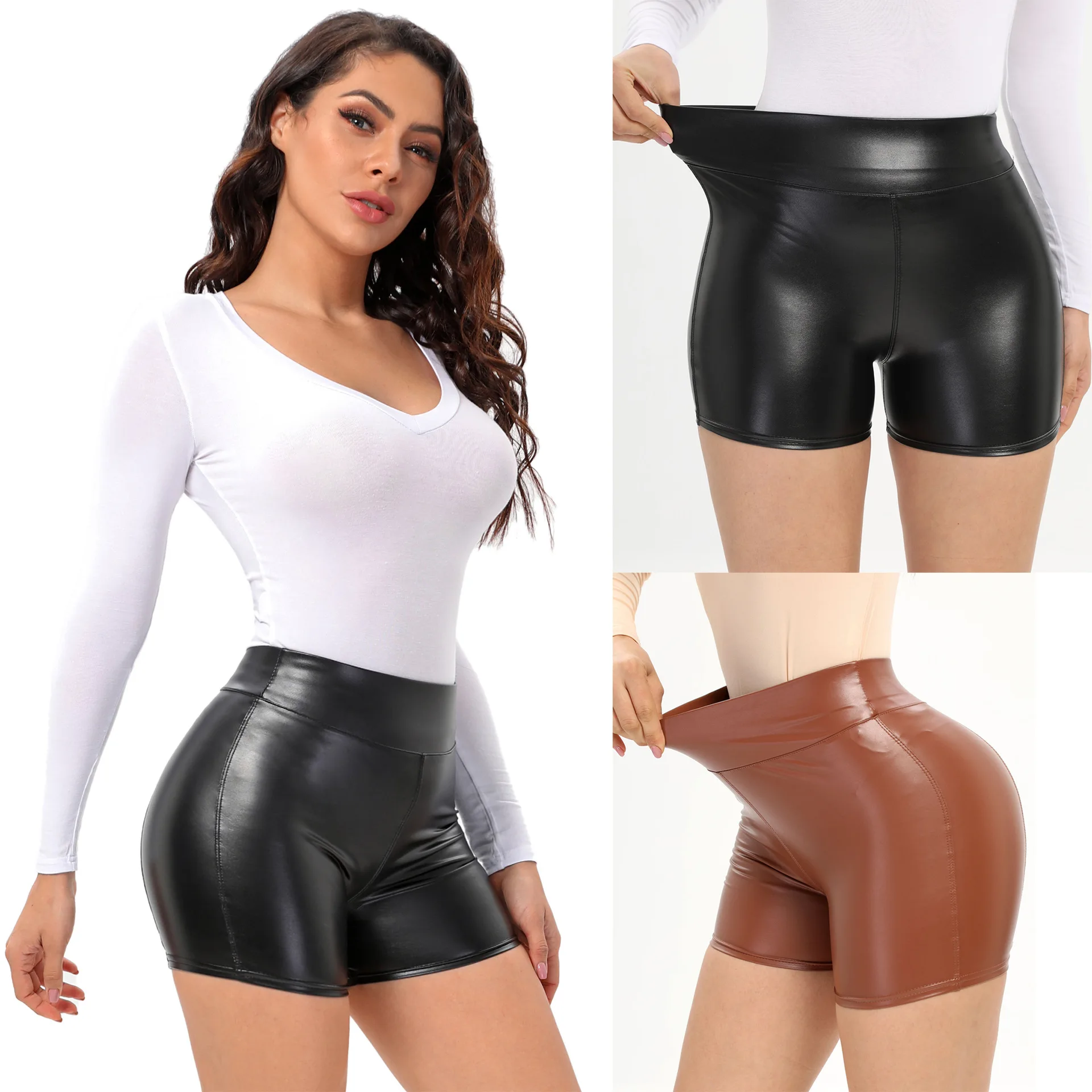 

2022 New Women's Pu Leather Sexy Skinny Elastic Waist High Waist Shorts Nightclub 3xl 4xl 5xl