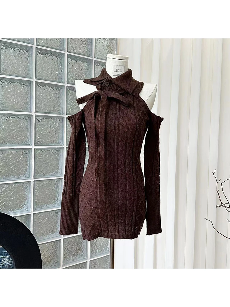 

Women's Brown A-line Bodycon Luxury Dress Elegant Off Shoulder Long Sleeve Dress Vintage 90s Y2k One Piece Frocks 2000s Clothes