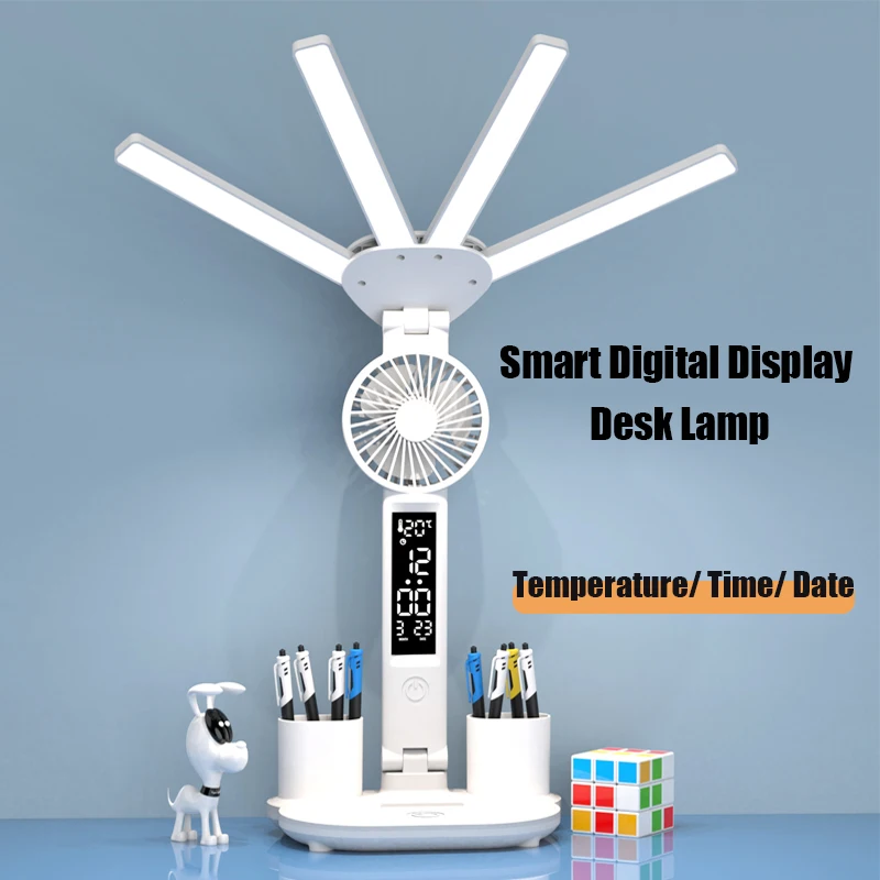 3in1 Multifunction Table Lamp LED Four-headed Folding With Fan Calendar Clock USB Rechargeable Desk light 3 color Reading Lamp usb rechargeable led table lamp with fan touch dimmable desk lamp eye protection reading light for kid with phone hoder pen hold