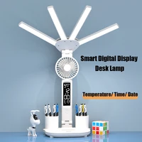 3in1 Multifunction Table Lamp LED Four-headed Folding With Fan Calendar Clock USB Rechargeable Desk light 3 color Reading Lamp 1