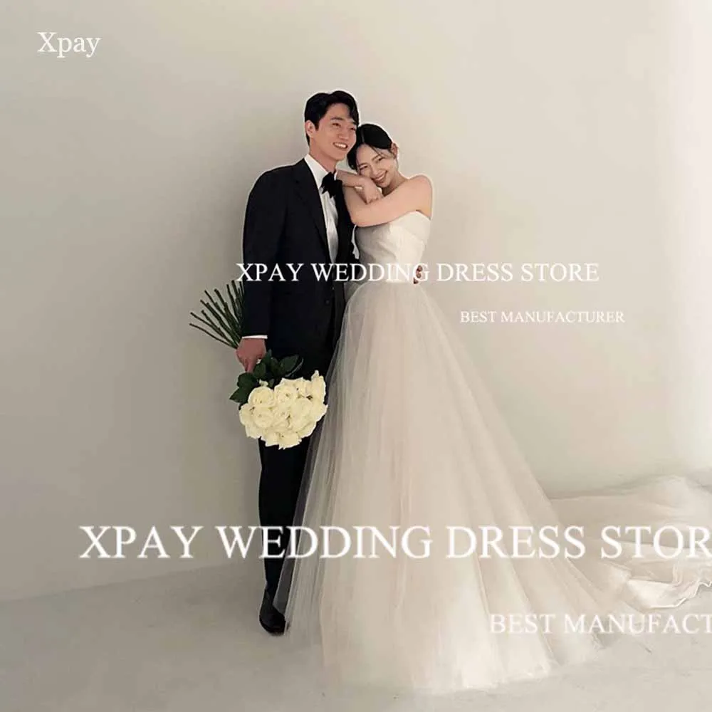 

XPAY Elegant Strapless A Line Korea Wedding Dresses Tulle Bridal Dress Backless Wedding Photos Shoot Custom Made Bride Gown