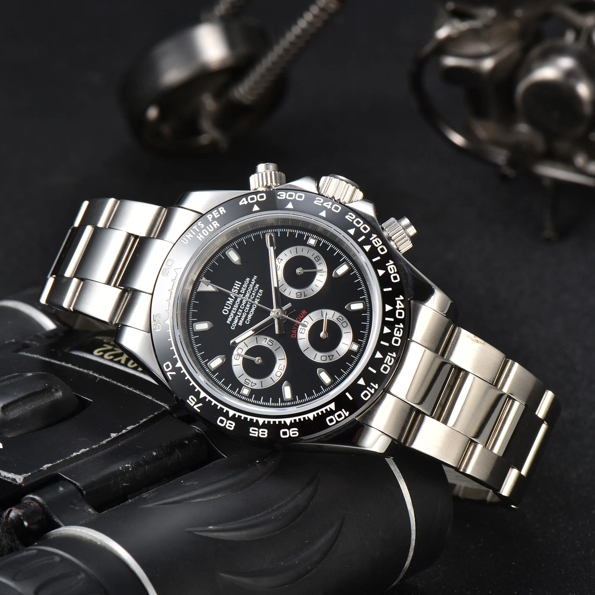 メンズ腕時計ステンレス鋼サファイア防水男性用カジュアル多機能クロノ