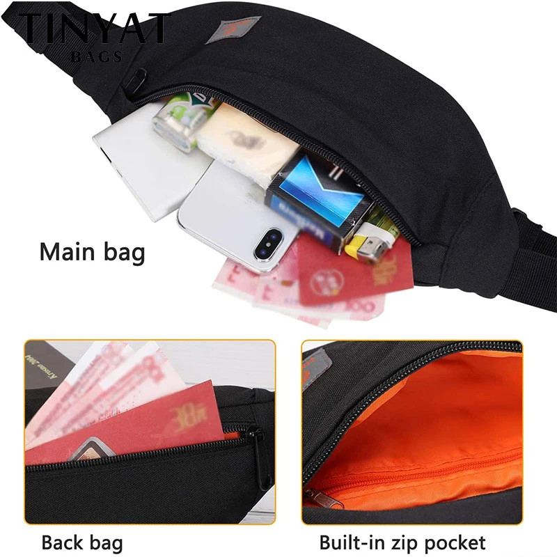 TINYAT New Men Casual Waist Pack Bag Brand Canvas Shoulder Fanny Packs Women Belt Bag Pouch For Money Phone Black Bum Hip