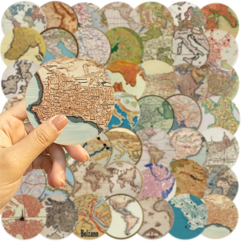 10/30/50PCS 레트로 원형 지도 PVC 스티커 미적 DIY 장식 전화 노트북 수하물 스케이트 보드 낙서 데칼