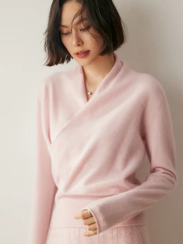 Women's 100% Cashmere Sweater Crossover Collar Pullover Office Lady Basic Grace Cashmere Knitwear Autumn Winter Tops 1