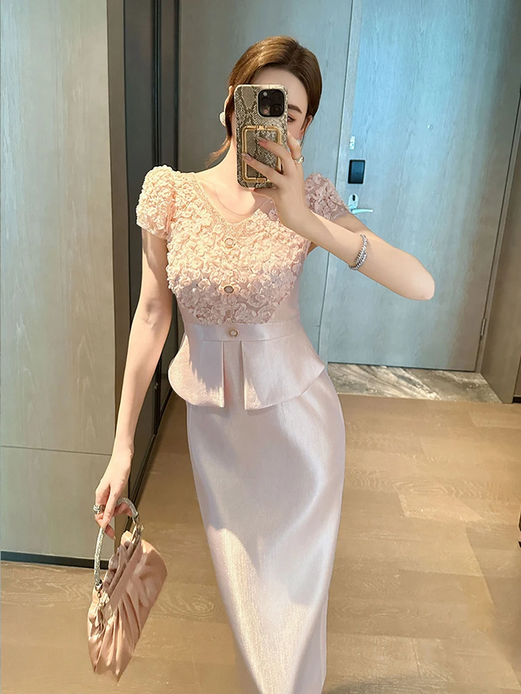 Summer Fake 2 Piece Business Formal Evening Dress Women Clothes Mujer  Elegant Luxury Sweet Short Sleeve Slim Party Gown Vestidos - AliExpress  200000345