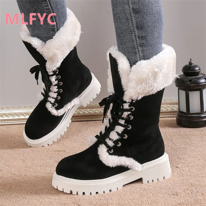 Women's Large New Thick Sole Mid Sleeve Lace Up Snow Boots Women's Vintage Plush Thickened Cotton Shoes