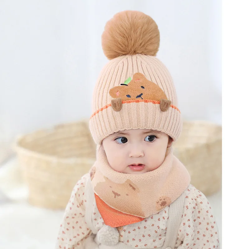 Baby Knitted Hat Scarf Set Autumn Winter Keep Warm Thicken Cap For Girls Boys Cute Cartoon Penguin Caps Beanies Scarf Baby Stuff