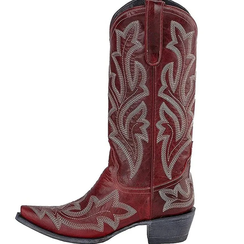 Ladies Boot Classic Embroidered Western Cowboy Boots Women Leather Cowgirl Boots Low Heel Shoes Knee High Woman Boots