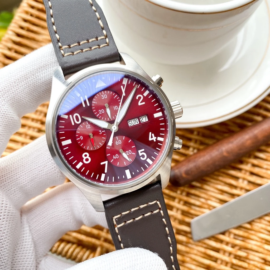 

mens automatic mechanical 43mm Watch Pilot brown leather red dial