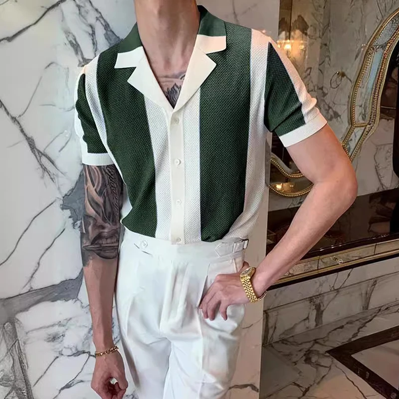 

Мужская трикотажная рубашка-поло, пуловер с коротким рукавом и воротником на пуговицах, винтажный Топ контрастного цвета, лето 2024