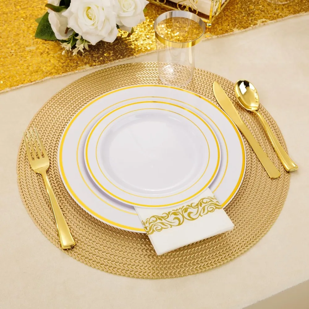 350 Pieces Plastic Plates-50 Guest Disposable Dinnerware Set Include 100 Plates, 50 Gold Plastic Silverware, Gold Napkins