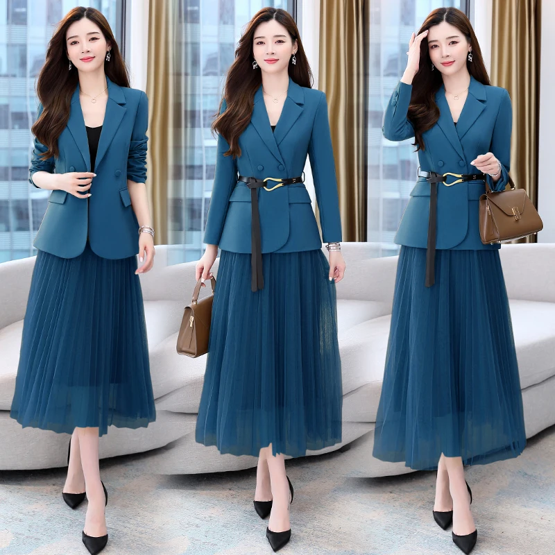 Ensemble Blazer Jupe Shein Ensemble 2 Pièces Blazer & Jupe Plissée Pour Femme - Taille Haute Avec Ceinture - Polyester - Style Élégant Jupe Plissée Longue