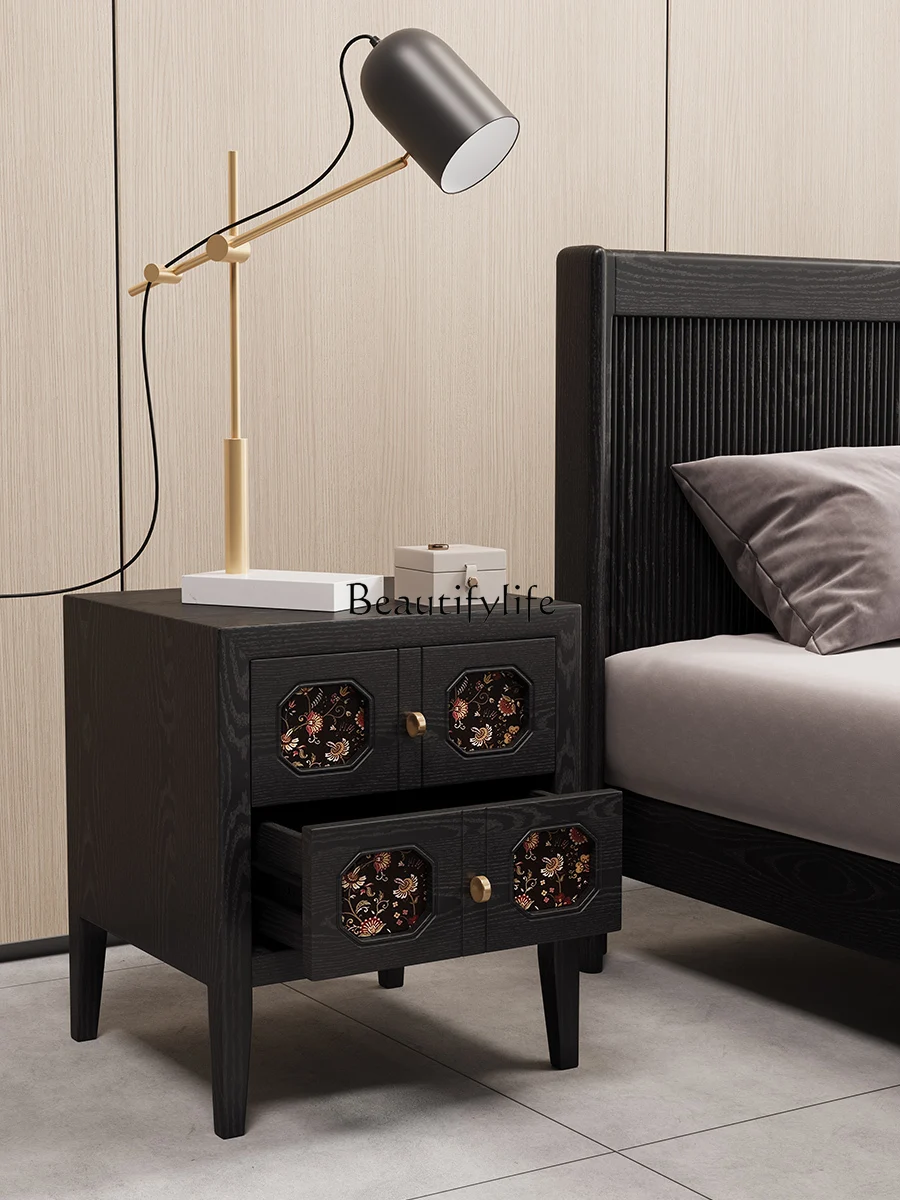 

French Retro Solid Wood Bedside Cabinet Black High-Grade Light Luxury Storage