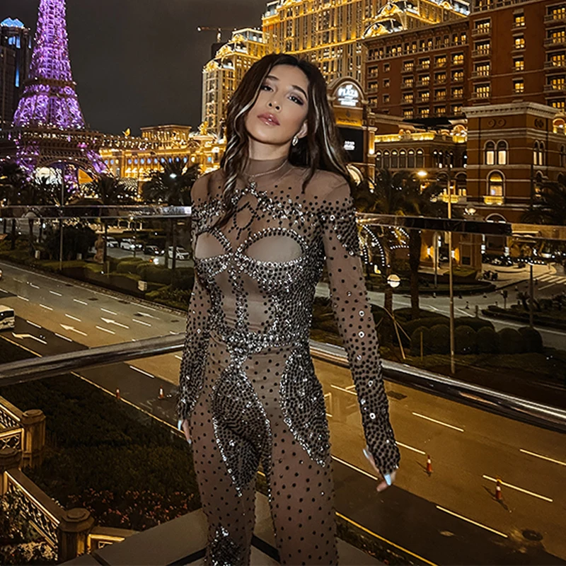 

Полный черный Серебряный женский комбинезон для вечеринки на день рождения, женский костюм для сценического танца Gogo, сексуальные комбинезоны для танца на шесте XS4576