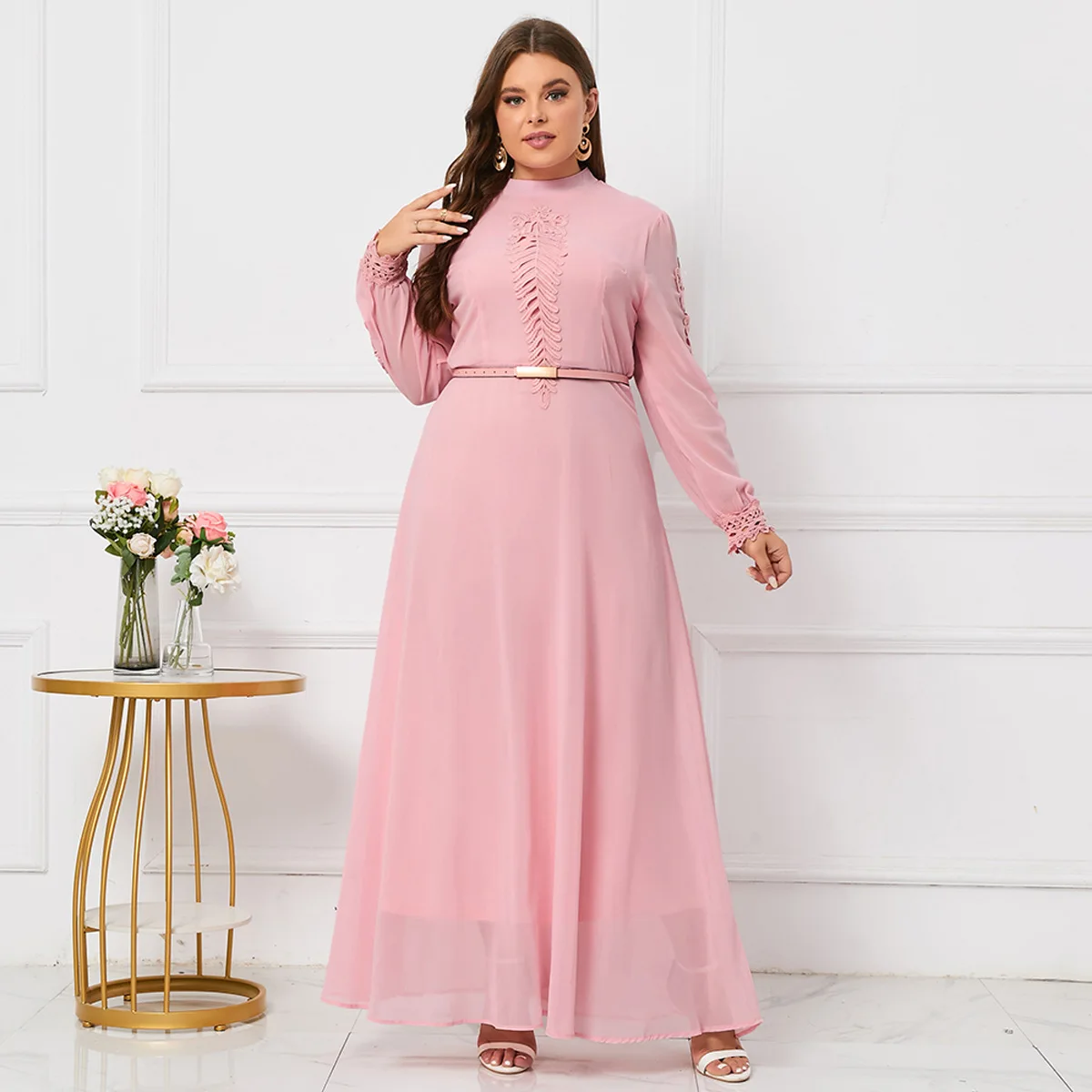 plus-size-women-elegant-dresses-fashion-casual-solid-color-chiffon-dress-2024-new-round-neck-long-sleeve-commute-lady-dresses