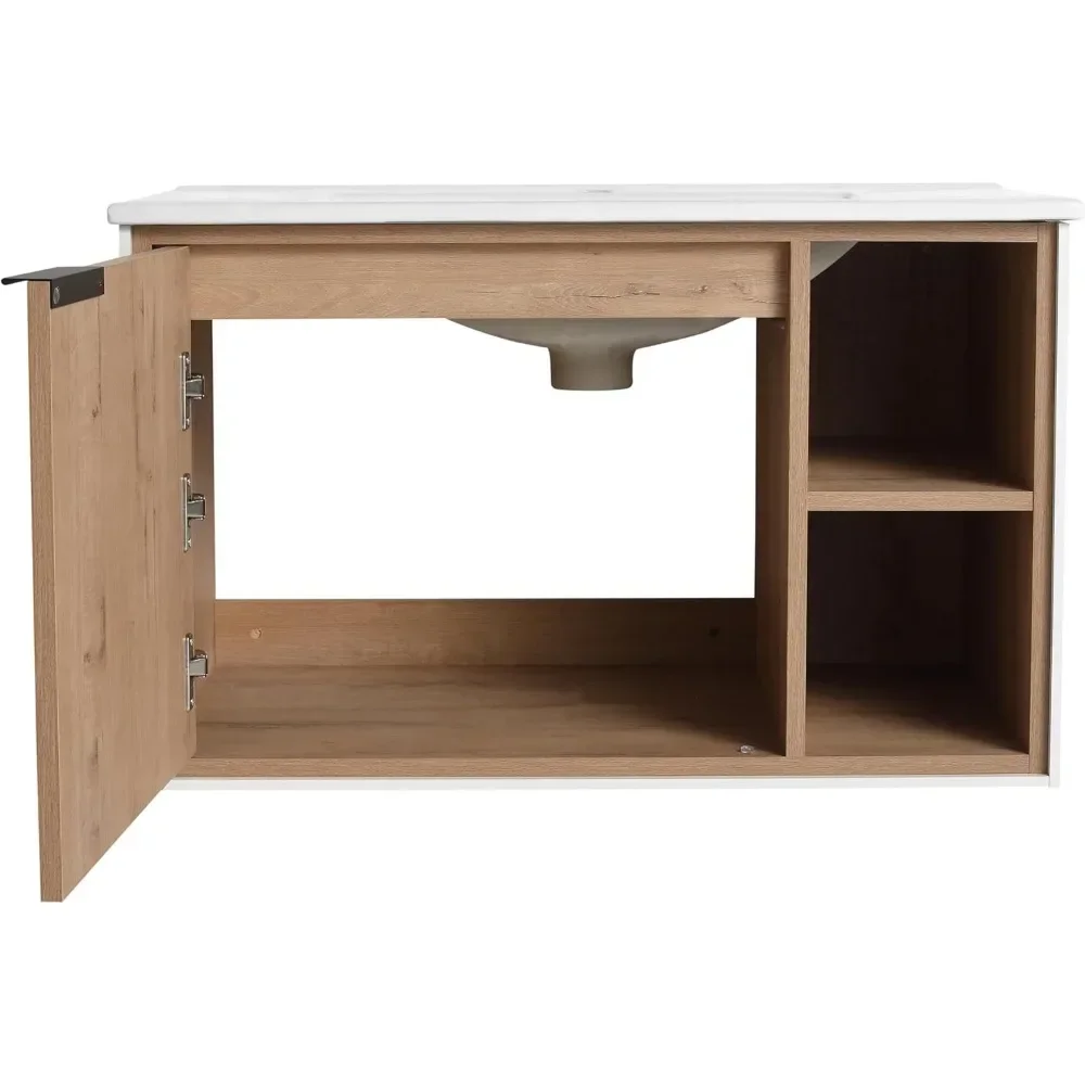 Wall-mounted floating toilet for bathroom, storage cabinet and open shelf, 30 inches, with ceramic washbasin