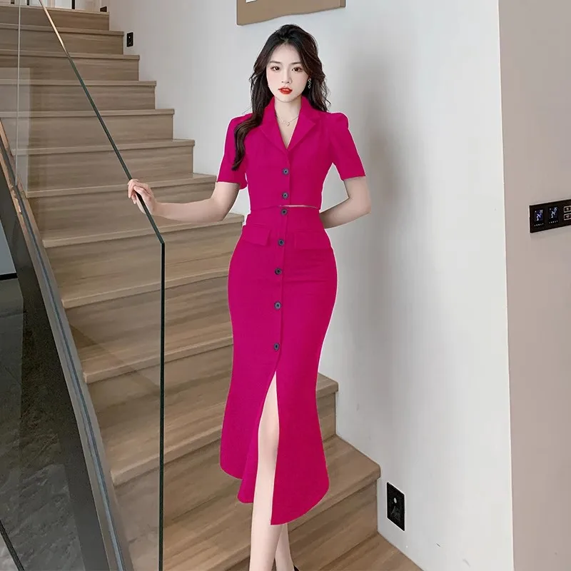 Business Ladie Office Summer Piece Set Women Notched Rose Red