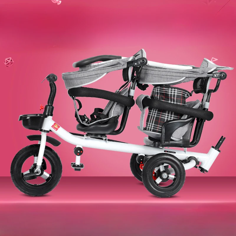 Children's Double Stroller Multifunctional Two-way Baby Stroller Twins Double Folding Three-wheel Car