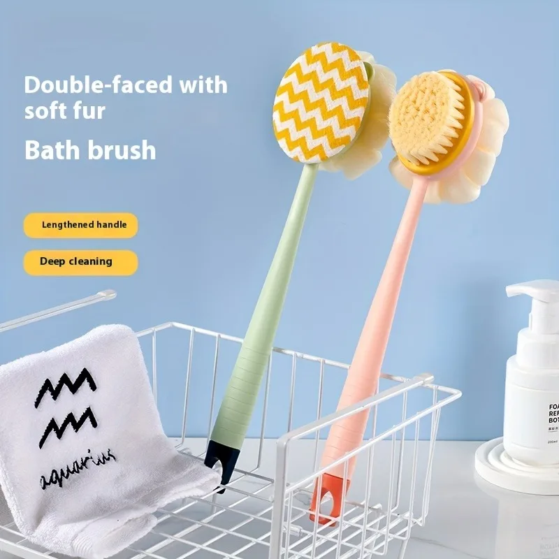 1 spazzola per il corpo con setole e luffa, spazzola per la schiena con manico lungo curvo, per l'esfoliazione della pelle durante il bagno. Accessorio per il bagno. - immagine 3