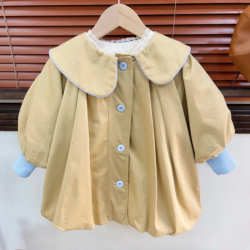 Trench New Fashionable Girls Windbreaker Coat Spring Autumn Turn Down Collar Baby Coat Pleated Soild Simple Pleated
