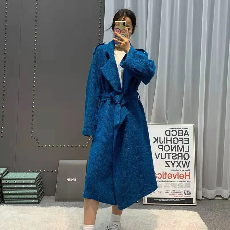 

2024 Tweed Wool Long Coat Women Korean Style Autumn Woolen Jacket Female Loose Outerwear Casaco Feminino