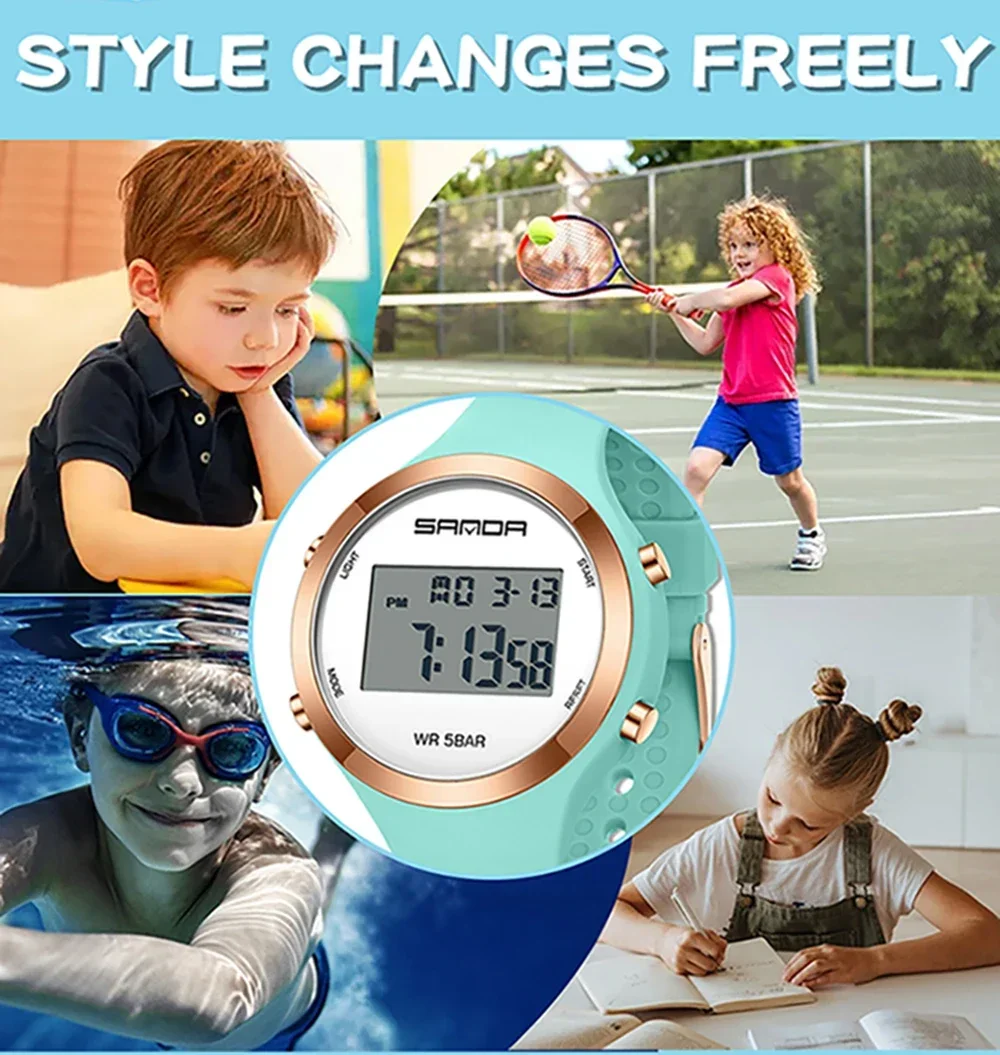 SANDA 2147 Montre numérique élégante et étanche pour femmes, chronographe LED, montre-bracelet de sport pour femmes, cadeau pour garçons et filles_voghion.com