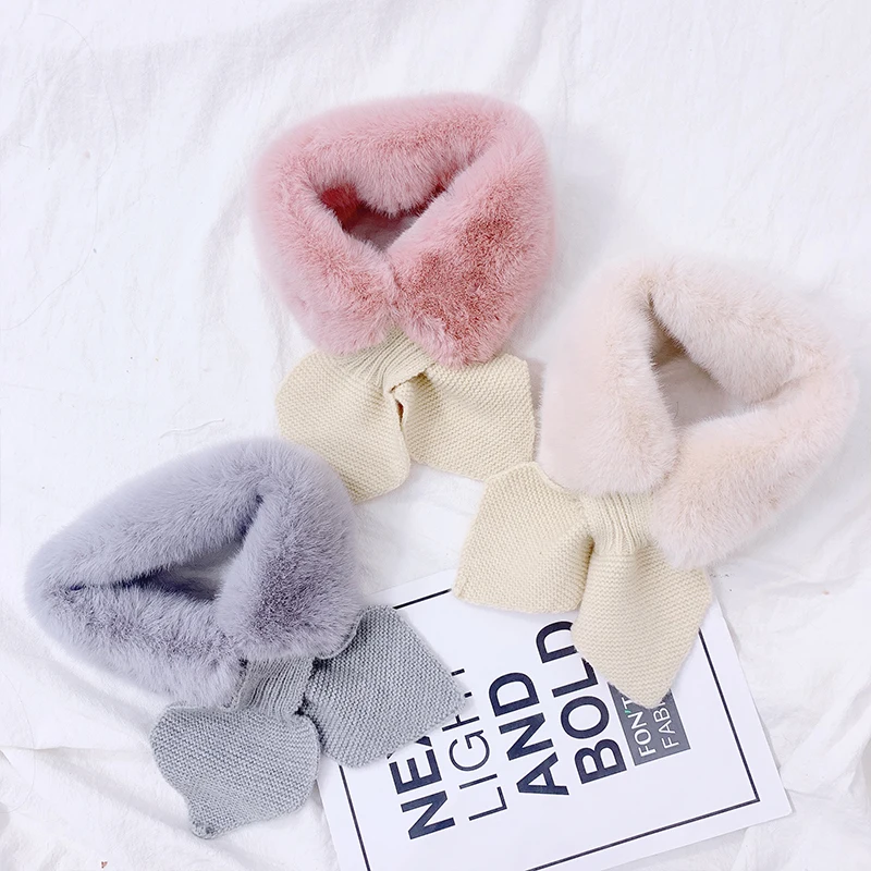 Korean Winter Children Scarf Cute Cold-Proof Kids Neckerchief Solid Color Warm Plush Baby Boys Girls Knitted Bib Scarves