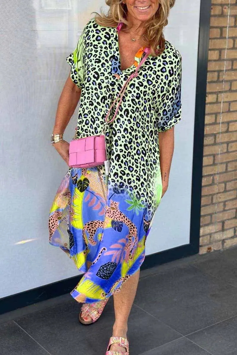 Leopard Print Patchwork Dresses Women V-neck Short Sleeves Pocket Loose Slit Midi Dress Fashion Casual Lady Vestidos Summer New