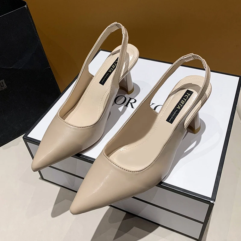 נעלי עקב עבות עם קצה מחודד בסגנון רטרו, נעלי עבודה פתוחות לנשים, סנדלים נוחים ואופנתיים